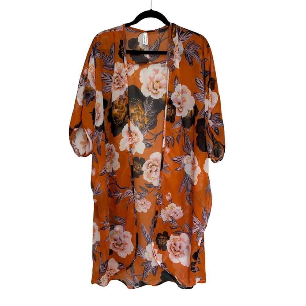 NEW Live 4 Truth Macro Floral Semi Sheer Lightweight Kimono Orange - Size 1X
